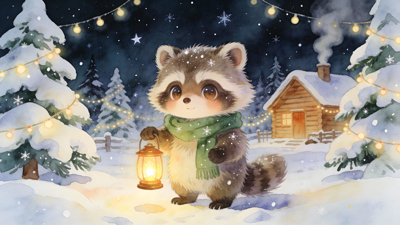 Fluffy Raccoon with Lantern in Snowy Wonderland