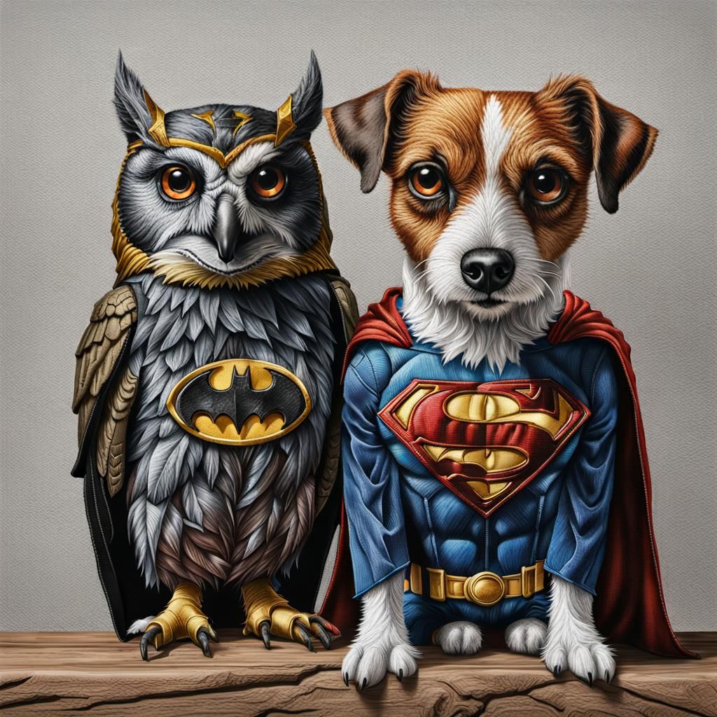 Owl and Dog in Superhero Costumes: Embroidered Art