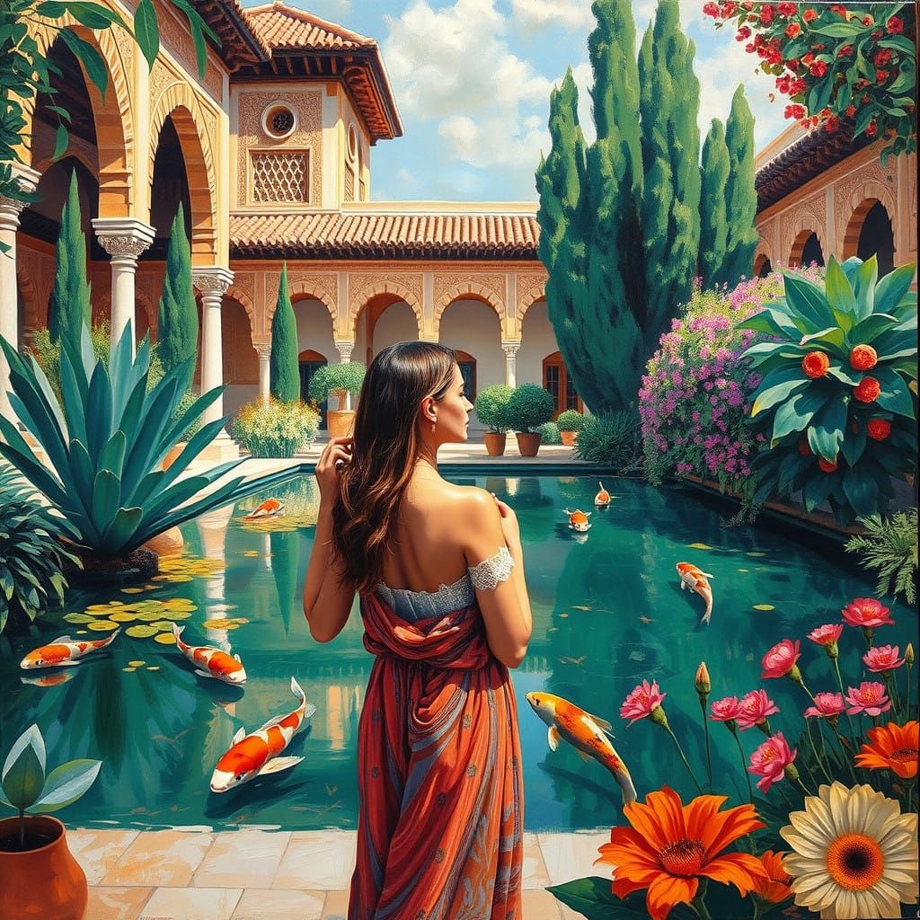 Serene Woman by Moorish-Inspired Koi Pond in Neo-Impressioni...