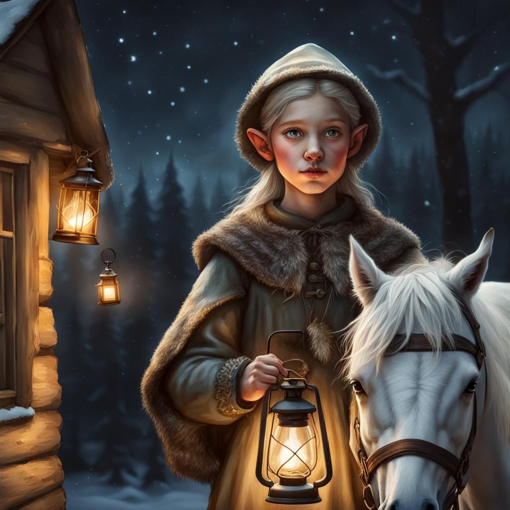 Enchanting Elf with Lantern and Horse Portrait