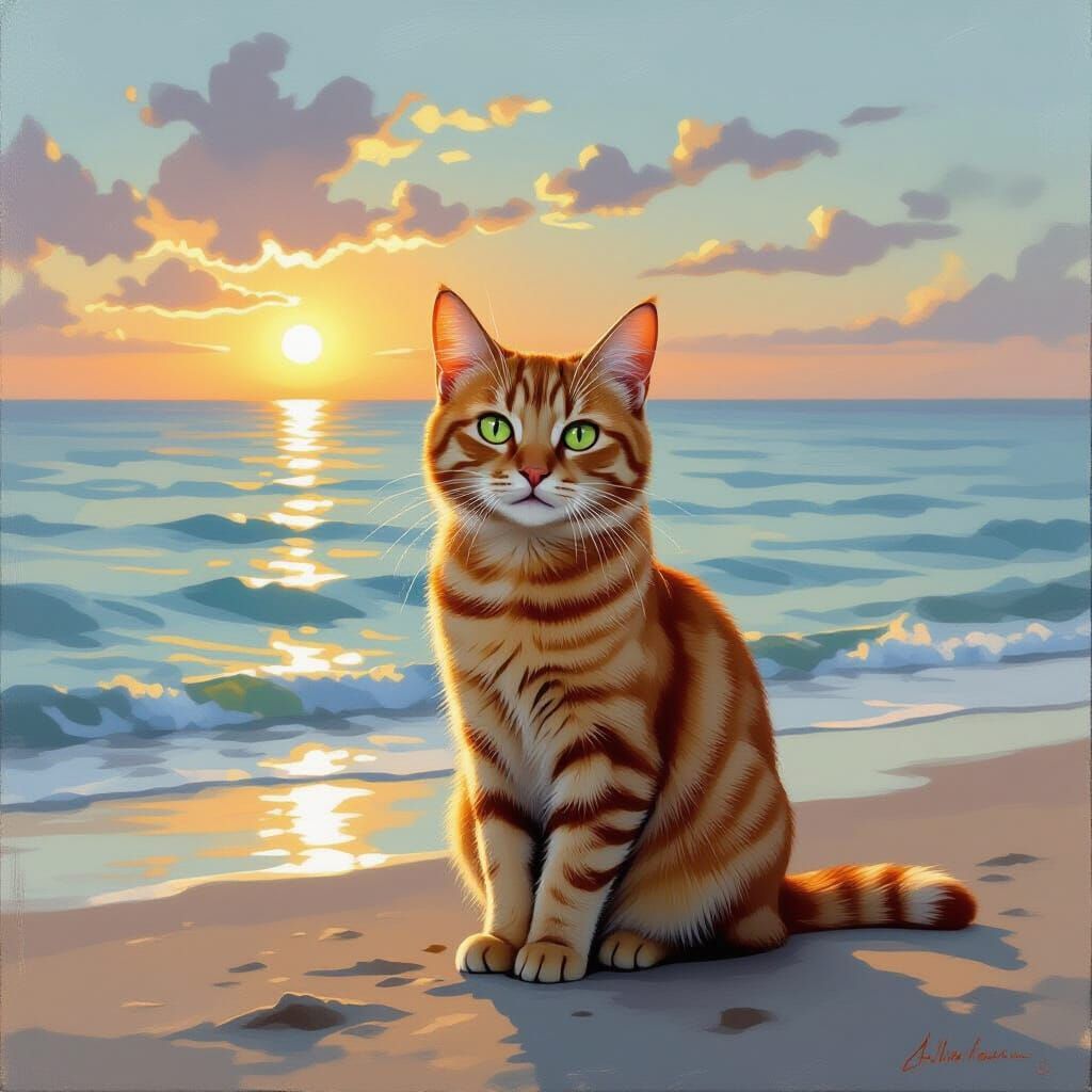 Ginger Cat Gazes at Calm Ocean Dusk in Painterly Style