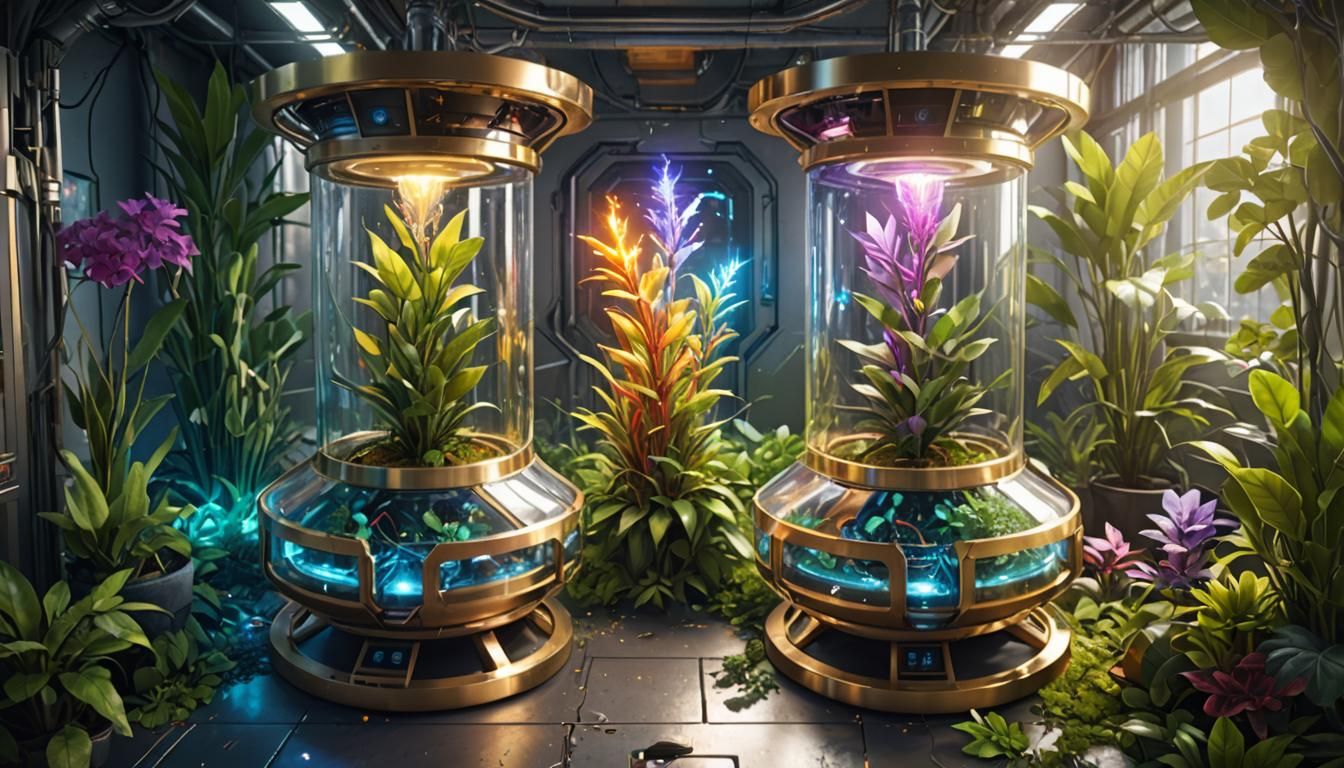 Futuristic Sci-Fi Plant Incubator with Rainbow Lightning