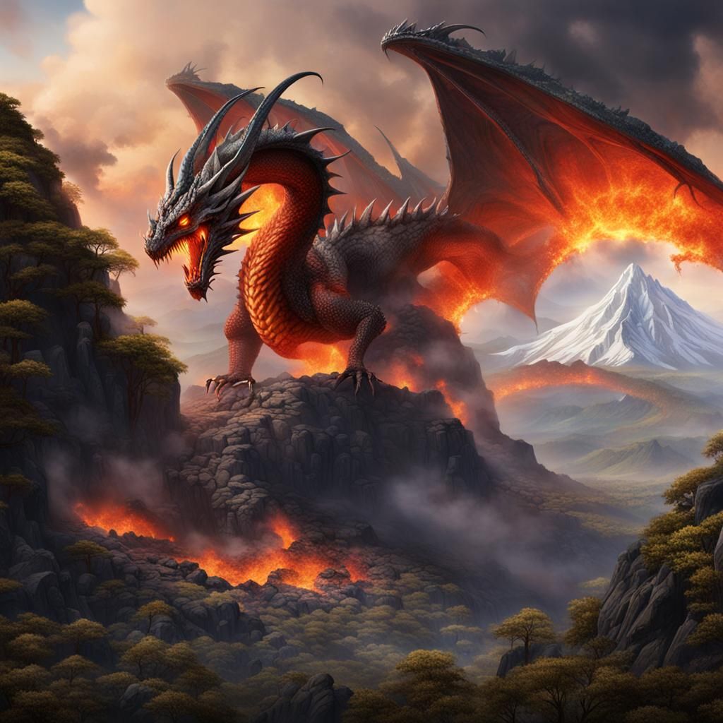 Volcanic Dragon Erupting from Mountain Lair