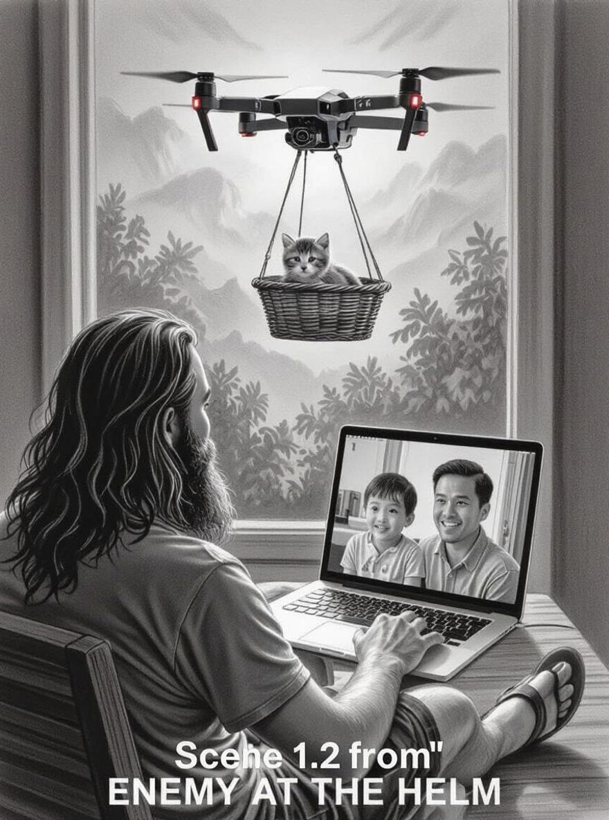 Drone Delivers Kitten: Hyperdetailed Charcoal Drawing