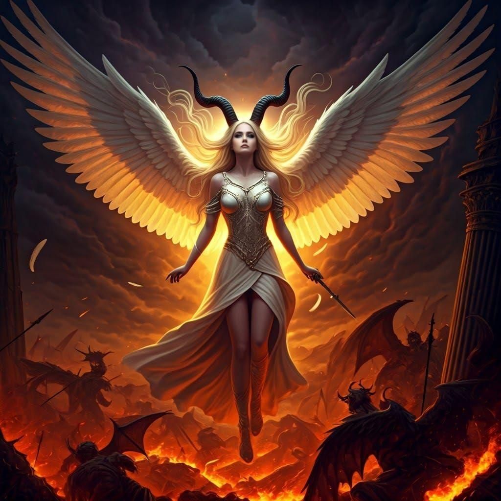 Angelic Demon Woman Over Battlefield