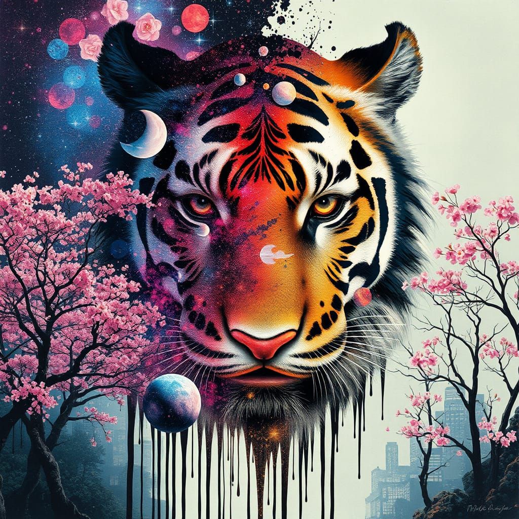 Galaxy Tiger Head in Double Exposure Style