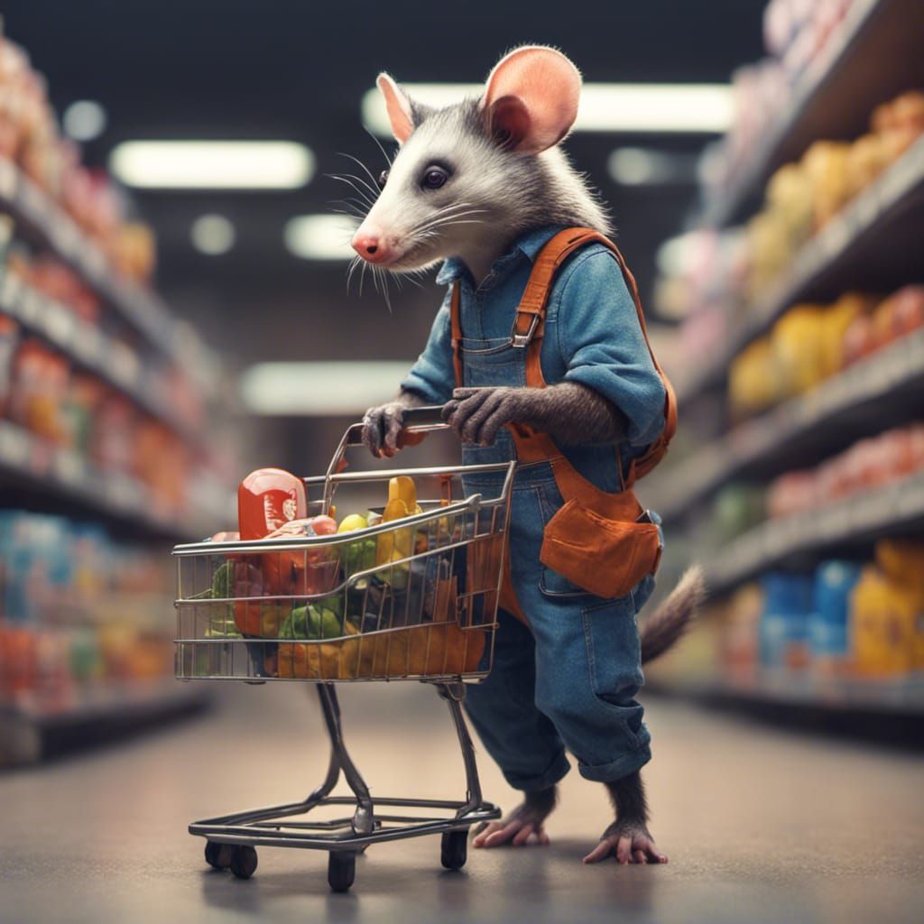 Opossum Grocery Shopping: Hyperrealistic Digital Art