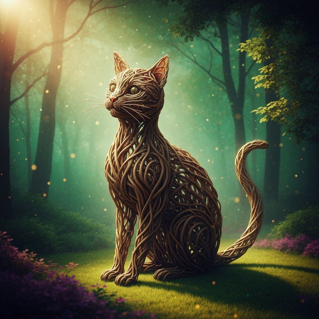 Surreal Cat Sculpture in Enchanted Forest