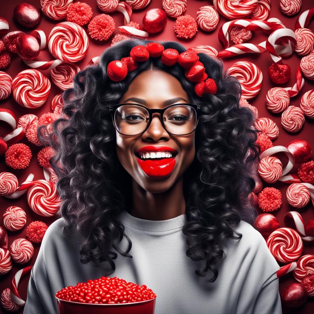 Beautiful Black Woman with Candy, Hyperrealistic Photo