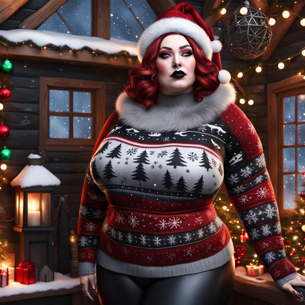 Curvy Goth Woman in Christmas Cabin, Comic Book Art