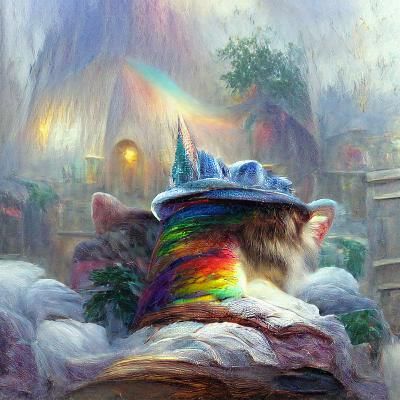 Rainbow Cat in Hat, Ethereal Fantasy Style