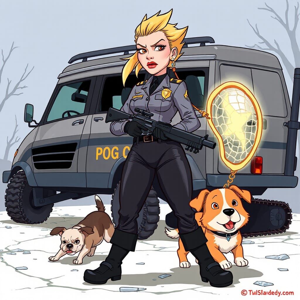 cartoon female super villain, the dog catcher, spiky blonde ...