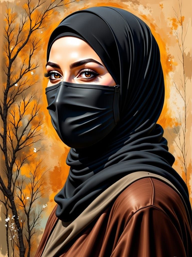 Woman in Hijab and Facemask Oil-Guache Painting