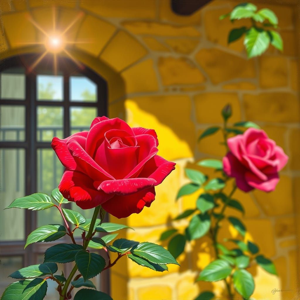 Red Rose Blossoms in Impressionistic Sunlight