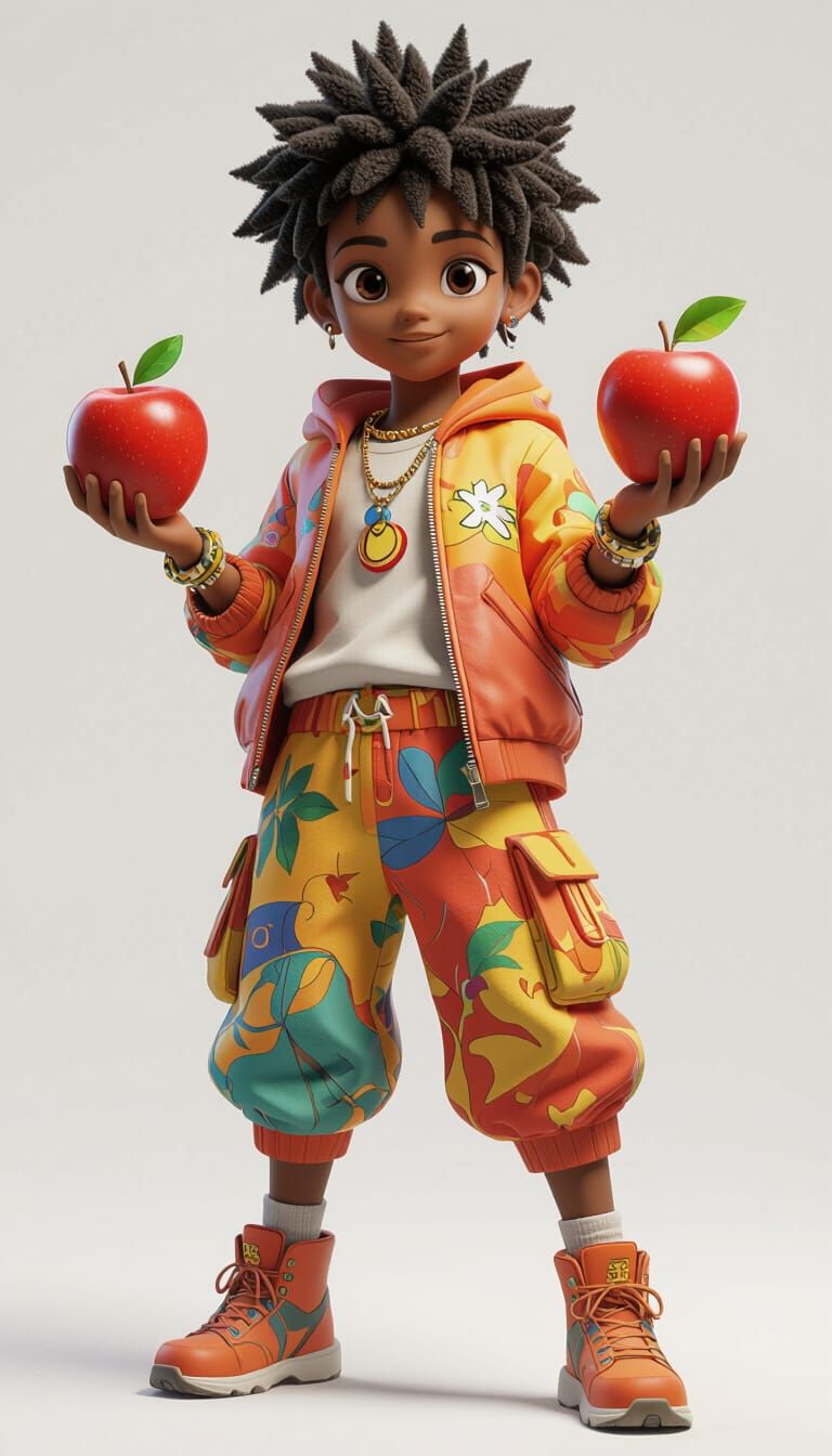 Apple-Bodied Sudanese Boy in Anime Style