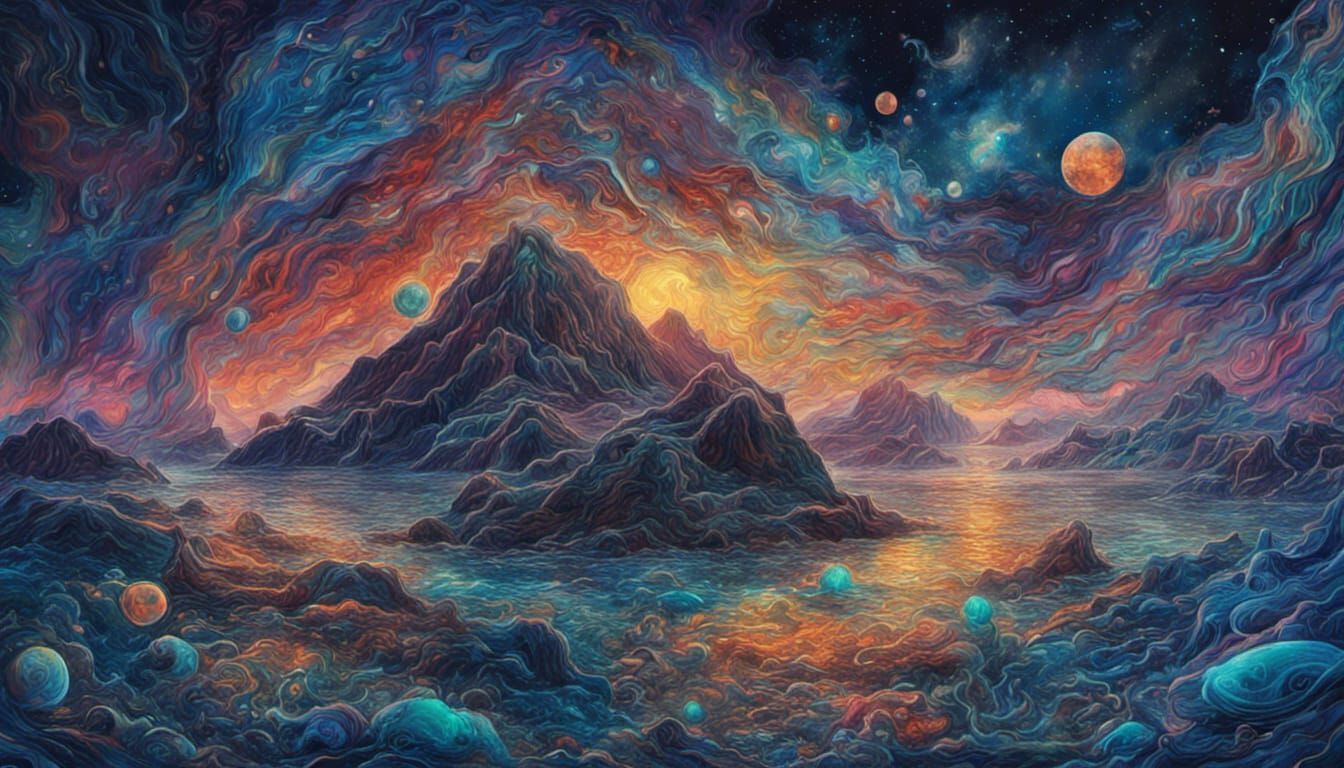 Bioluminescent Deep Ocean Under Astral Night Sky