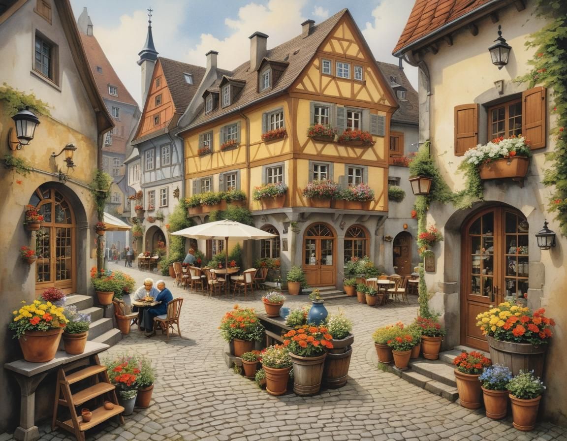 Charming German Village Courtyard in Whimsical Style