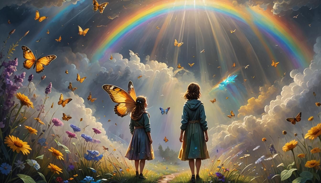 Romantic Fantasy Landscape with Rainbow and Whispy Brushstro...