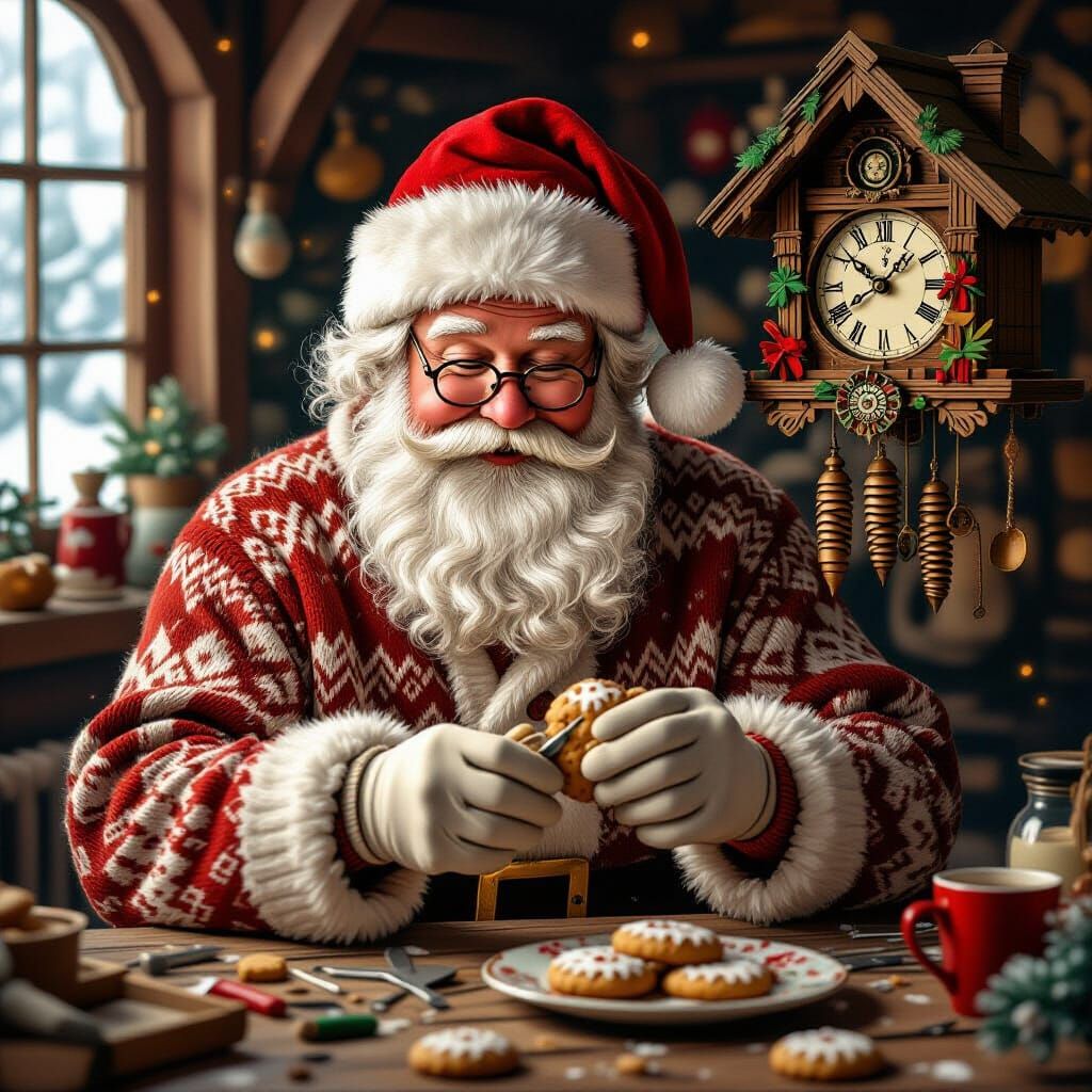Santa Claus Repairs Vintage Cuckoo Clock in Workshop