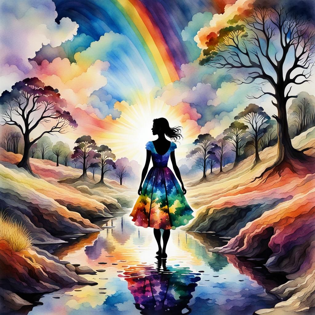 Watercolor Savannah Landscape with Rainbow Silhouette