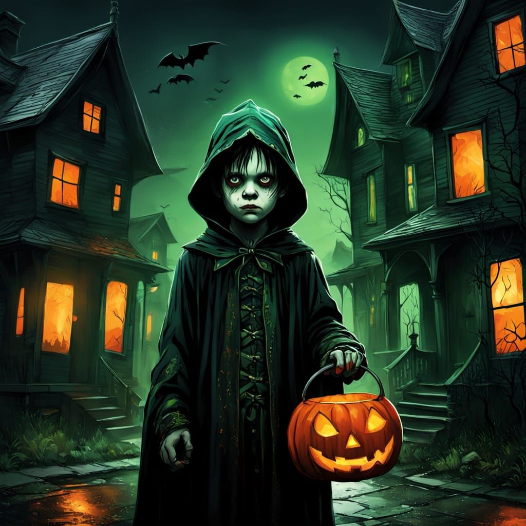 Gothic Halloween Child Trick-or-Treating in Eerie Dusk
