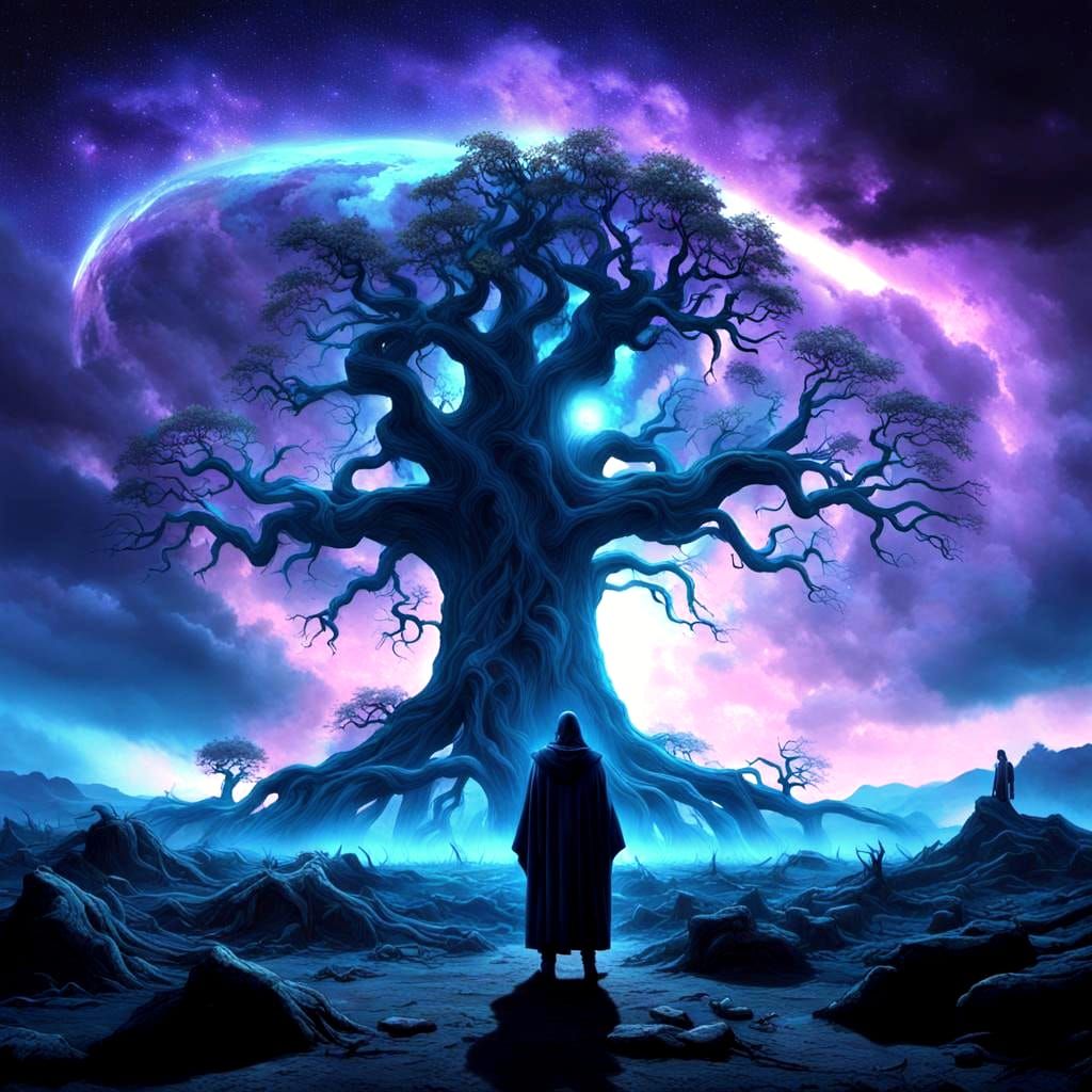Colossal Tree in Wasteland with Ethereal Backdrop