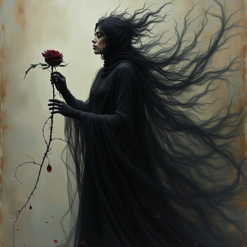 Sorrowful Muse Weaves Tapestry of Melancholy in Dark, Surrea...