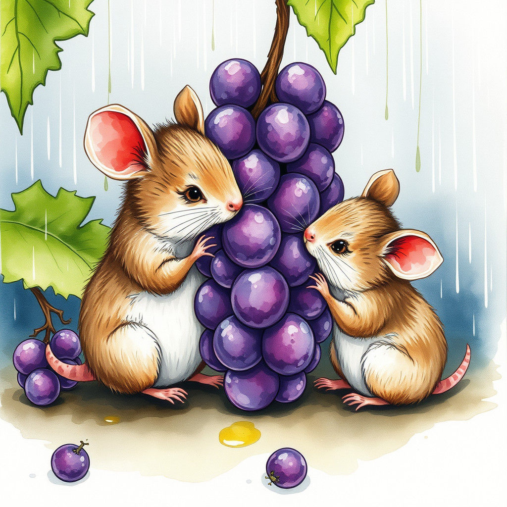 Cute Mice Share Grape: Watercolor Illustration
