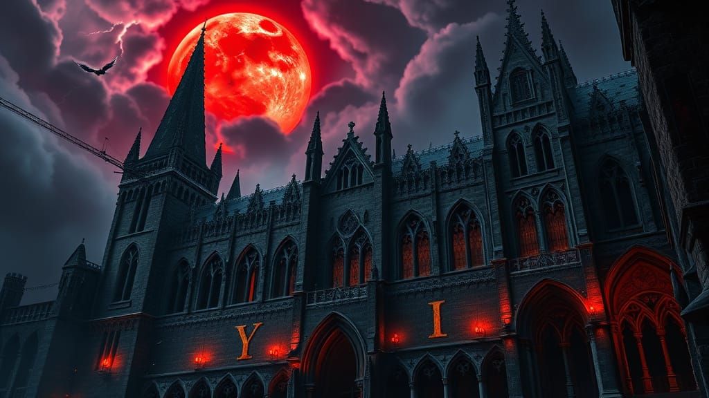 Gothic Castle Under Blood Moon in Dark Fantasy Style