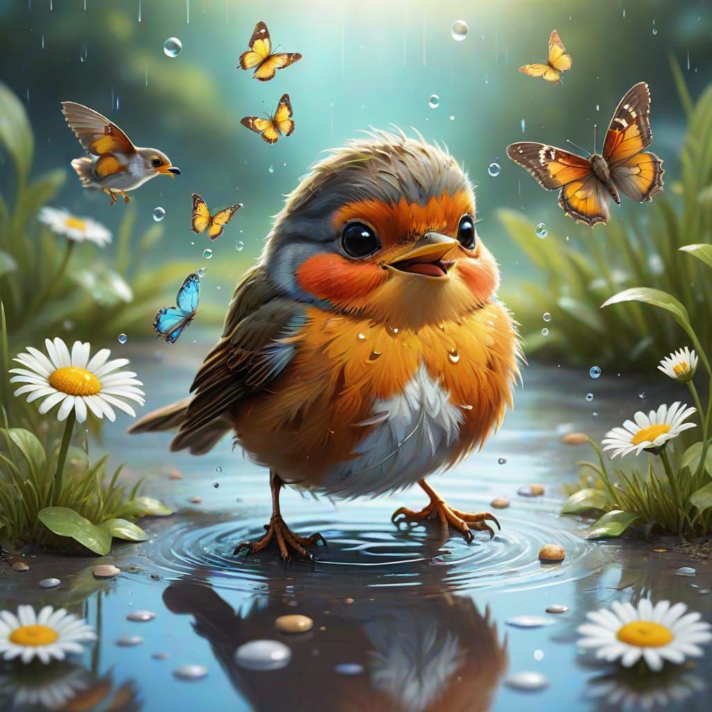 Joyful Baby Robin Playing with Butterflies in Whimsical Art
