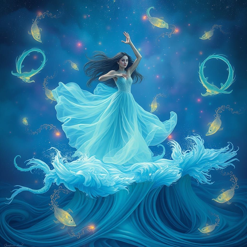 Oceanic Dancer Amidst Bioluminescent Sea, in Ethereal Style