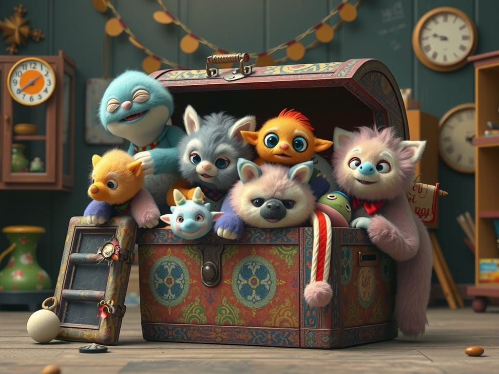 Whimsical Creatures in Toy Chest: 3D Octane Render