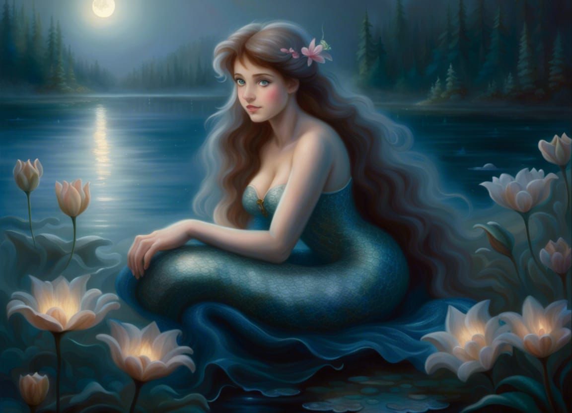 Mermaid on Dark Lake: Ethereal Fantasy Moonscape