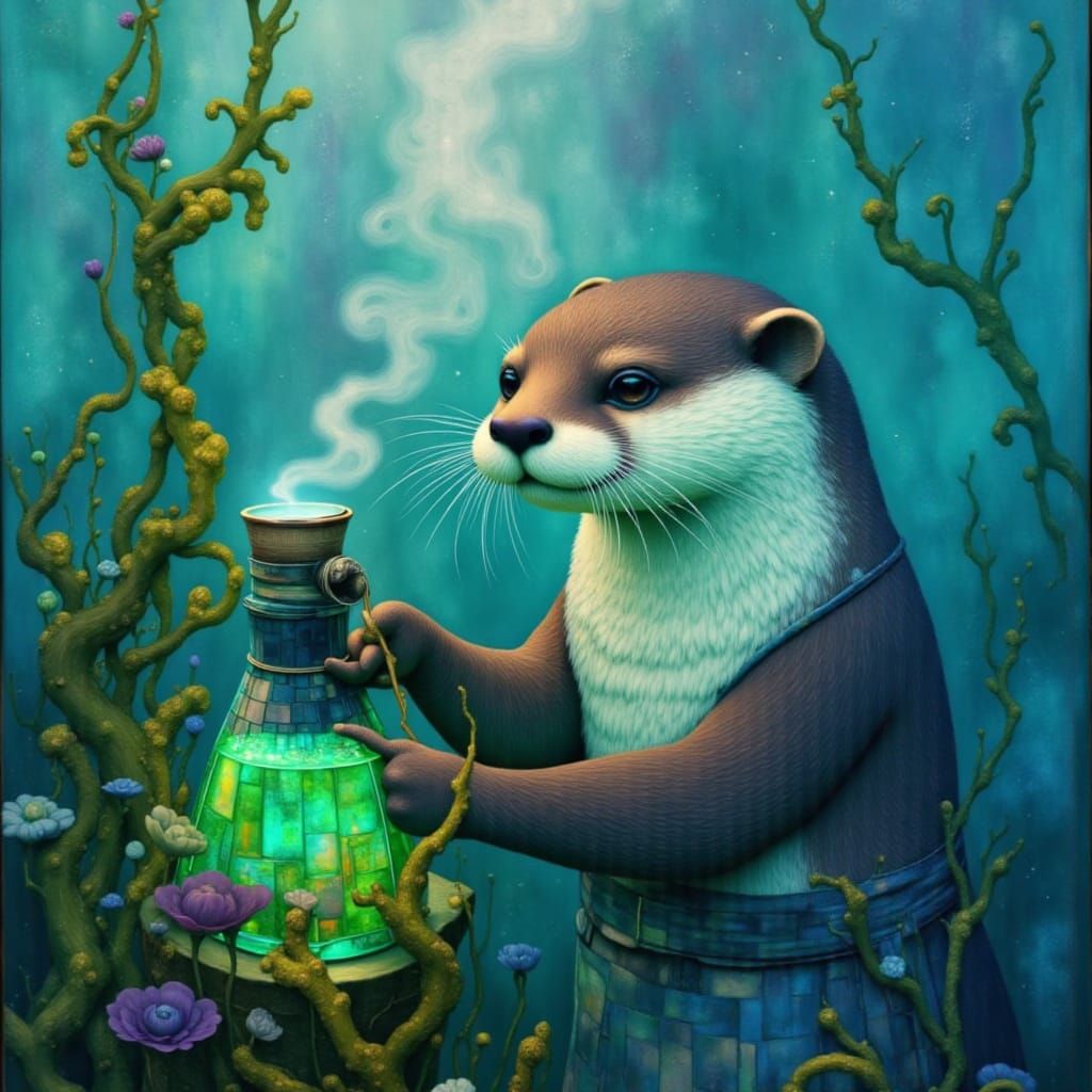 Magical Otter Brews Potion in Sun-Dappled Seaweed Garden