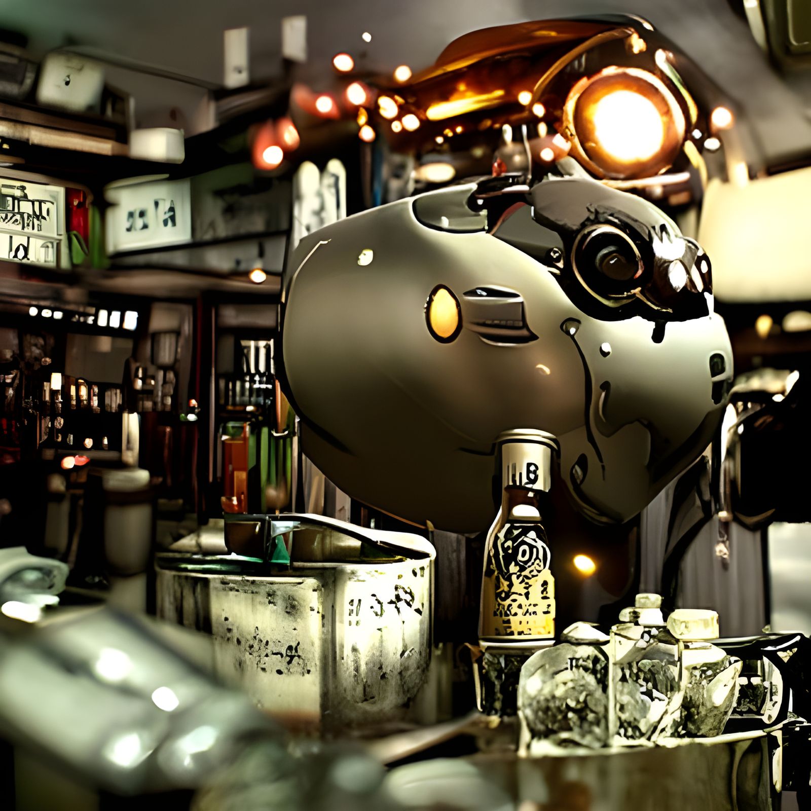 Cyborg Bartender in Film Noir, Ghibli Style
