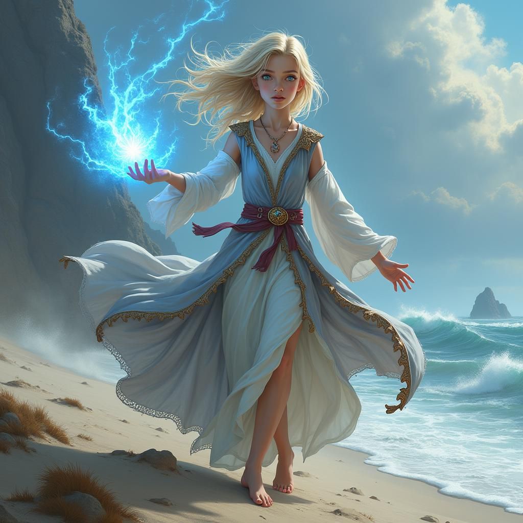 Halfling Sorceress Casting Magic on Windy Beach