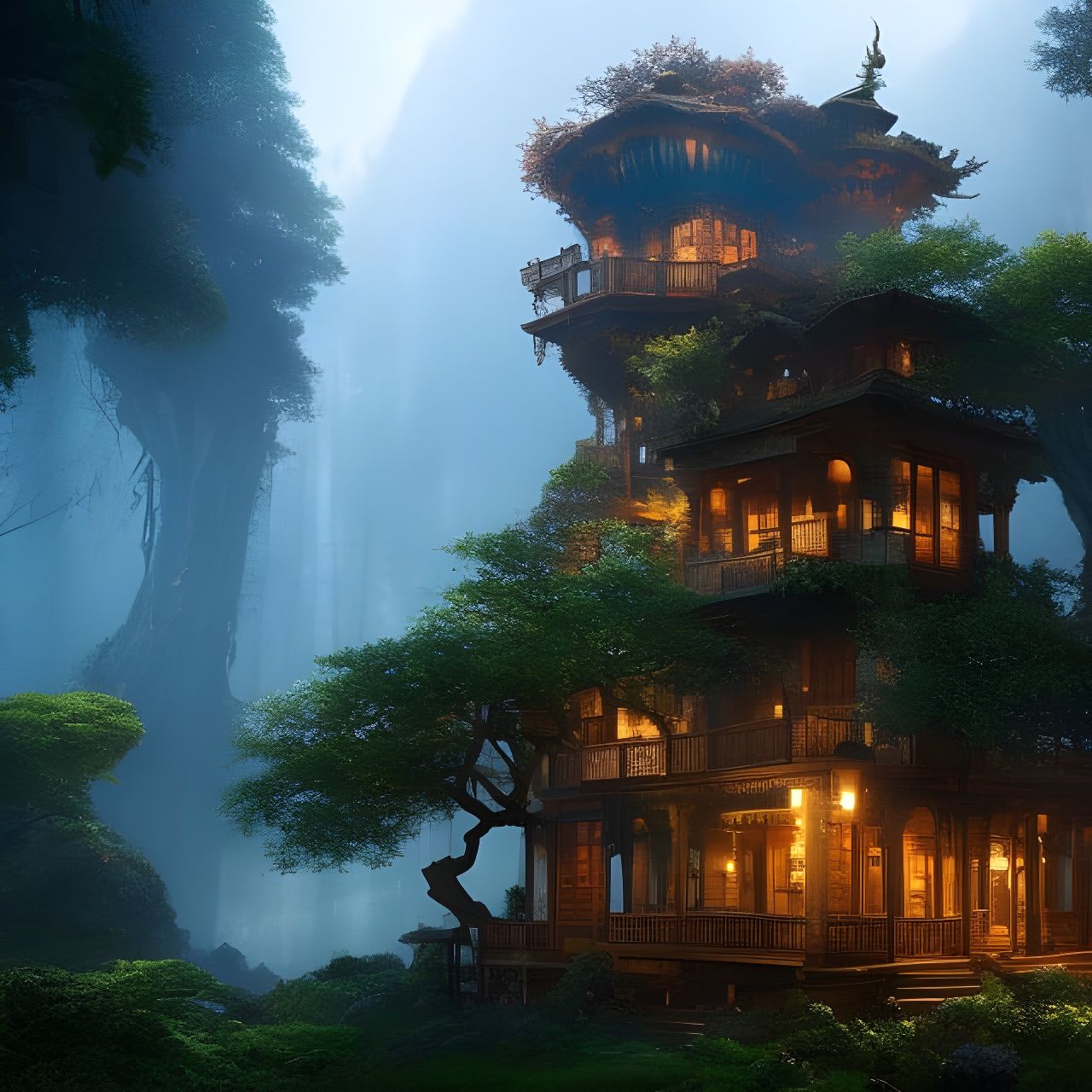 Hyperdetailed Treehouse with Volumetric Lighting