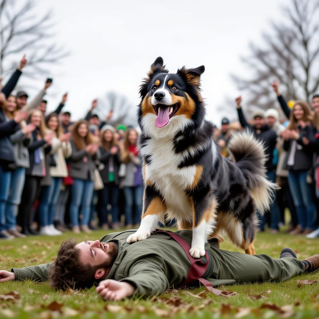 Triumphant Dog Celebrates Victory Over Fallen Human