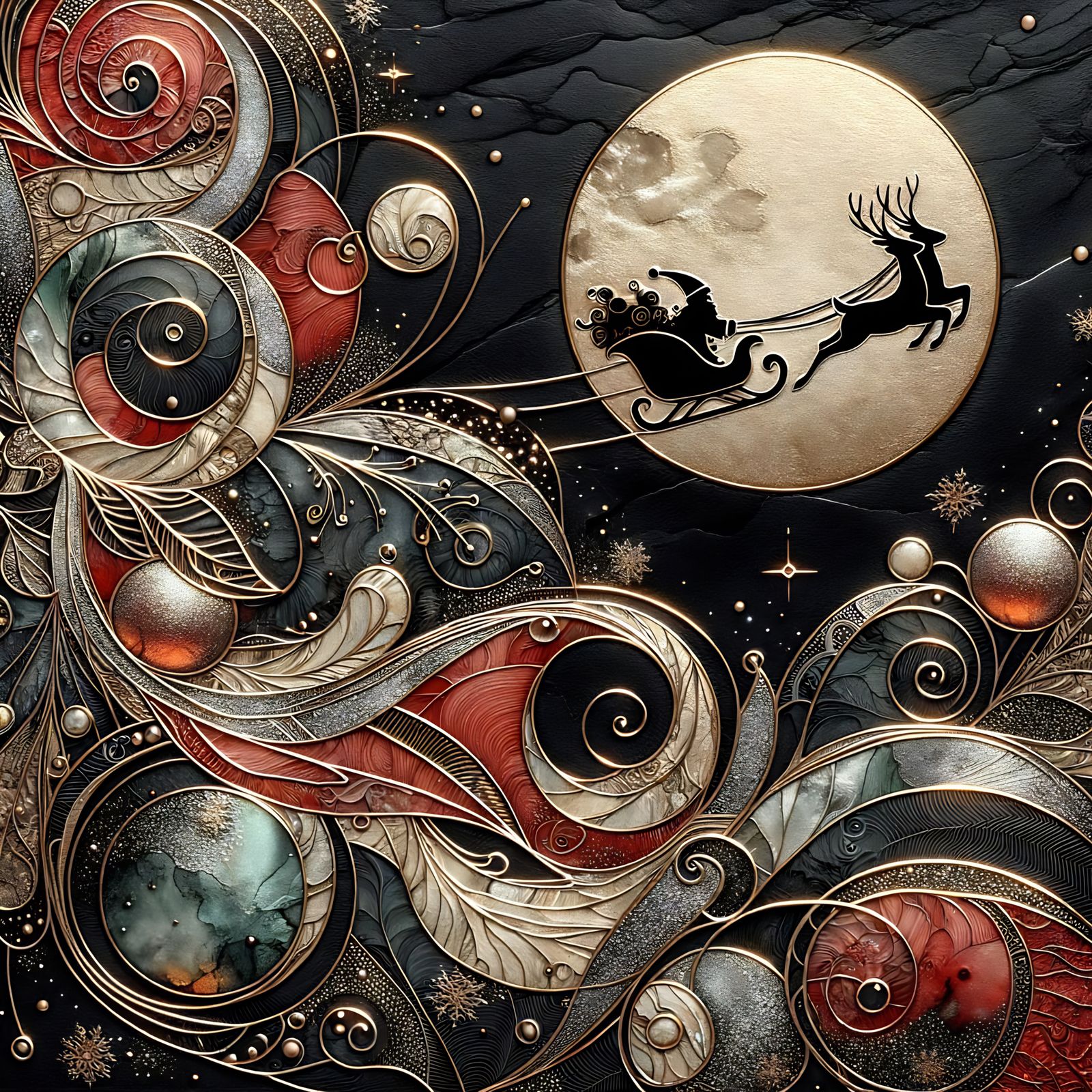 Surreal Santa's Sleigh Crossing the Moon in Gold Leaf and Bo...