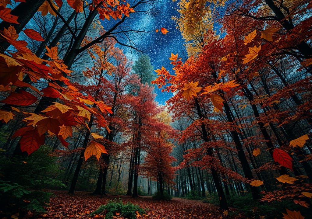 Stars Seen Through Autumn Leaves in Surrealist Style