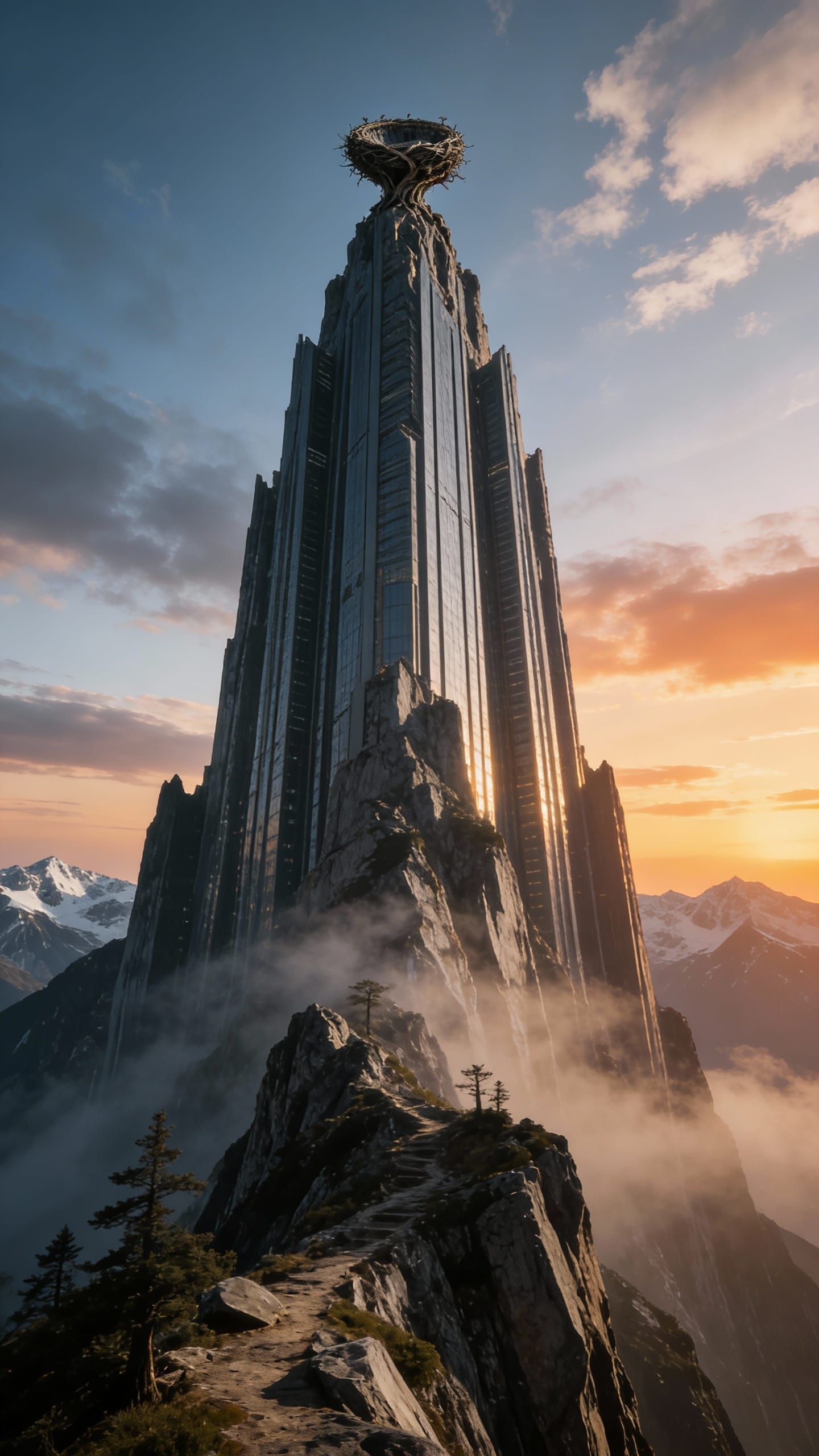 Towering Mountain Peak with Distant Nest in Epic Persian Rea...