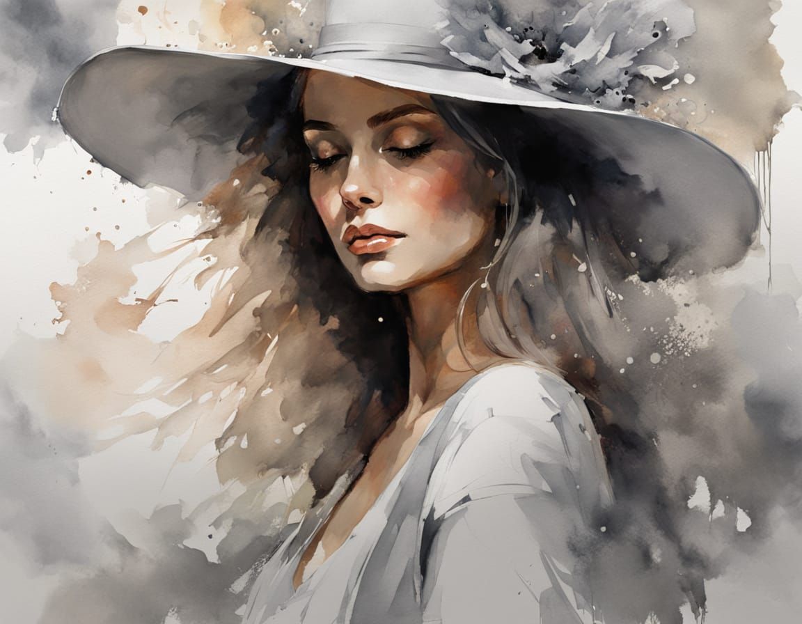 Italian Woman in Lacy Hat, Watercolour Style