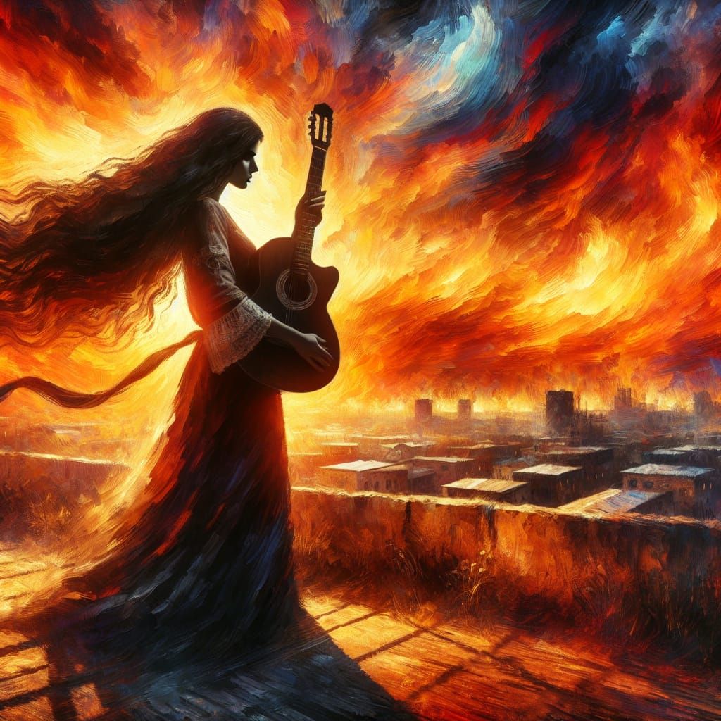 Silhouette of Woman with Guitar at Ominous Sunset