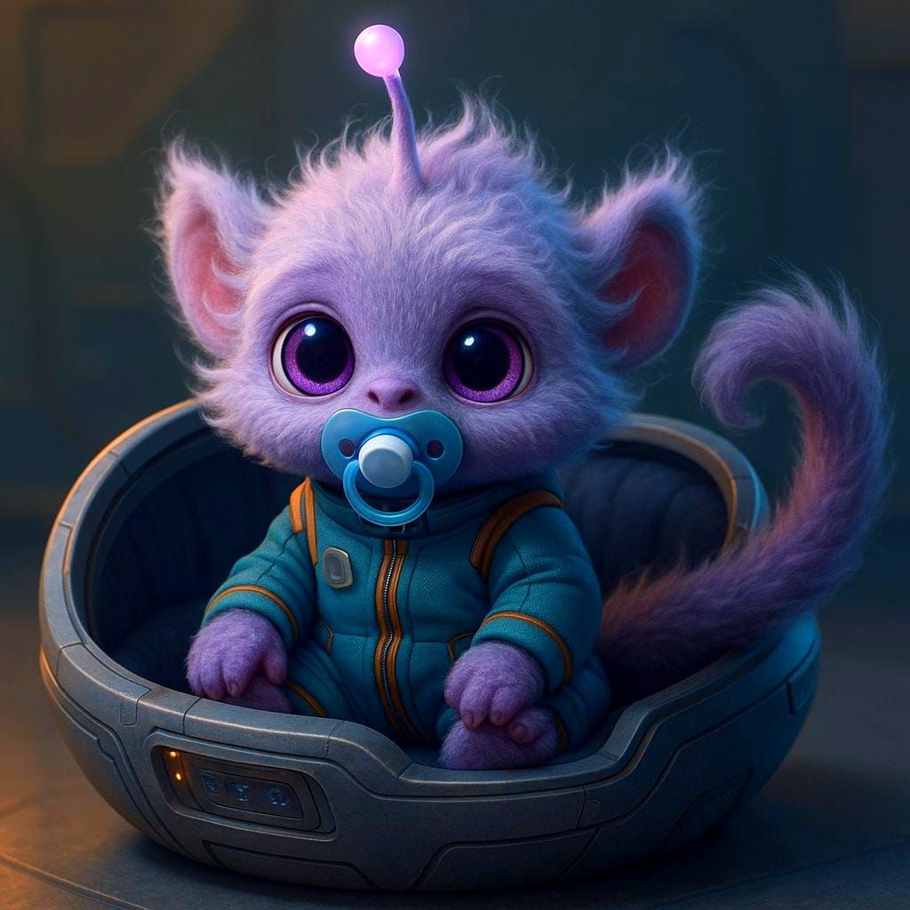 Adorable Furry Alien Baby in Futuristic Bassinet