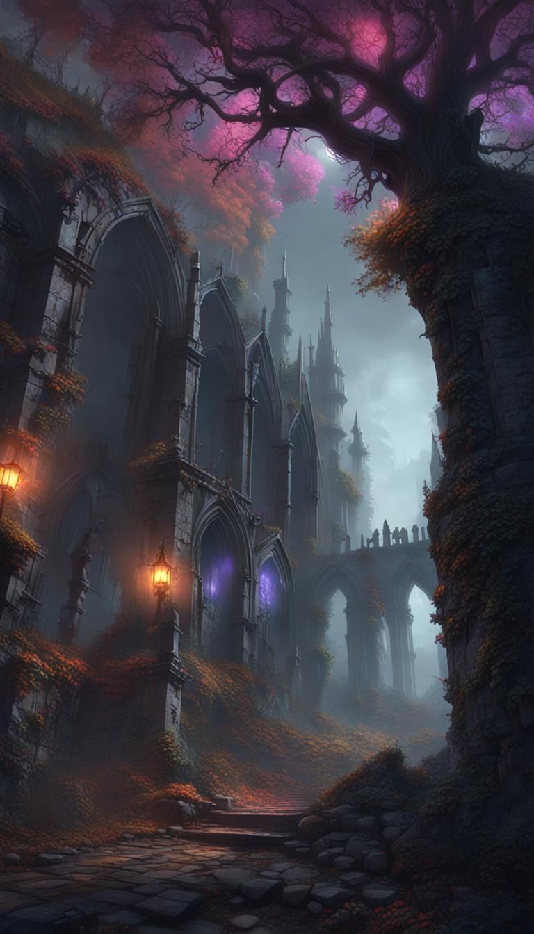 Neon Lit Gothic Ruins with Wizard and Warriors