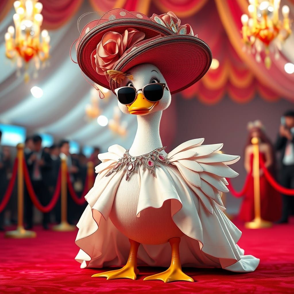 Duck in Elegant Red Carpet Attire as Concept Art