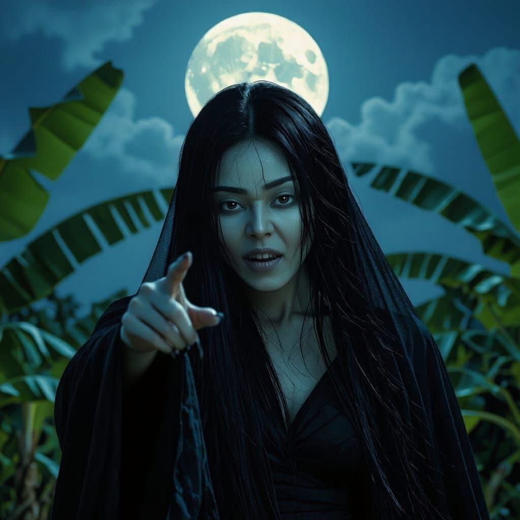Vampire Woman with Menacing Smile in Moonlit Plantation
