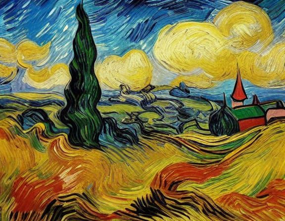 Lonely Village in Swirling Expressionist Landscape