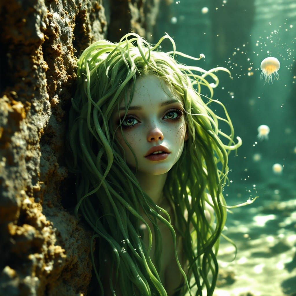 Ethereal Kelp Nymph in Sunlit Ocean Depths