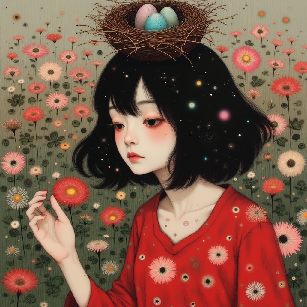 Serene Japanese Woman with Bird's Nest in Cherry Blossom Par...